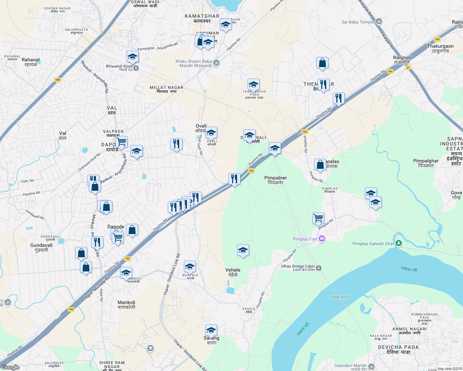 map of restaurants, bars, coffee shops, grocery stores, and more near Mumbai - Nashik Expressway in Bhiwandi