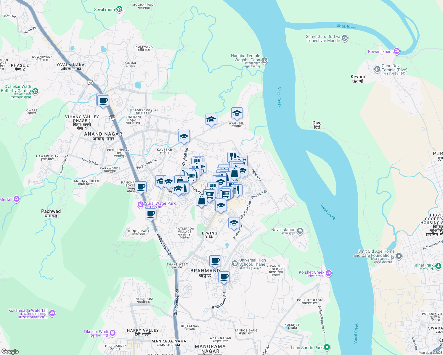 map of restaurants, bars, coffee shops, grocery stores, and more near Wood Street in Thane