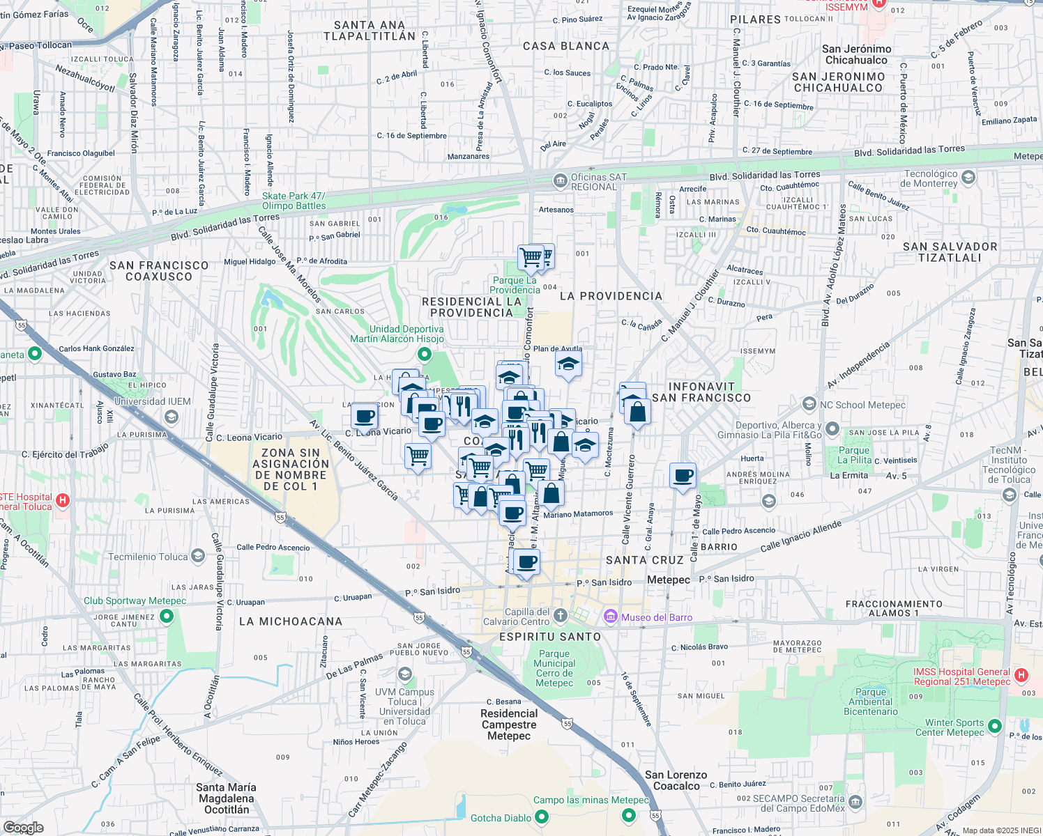 map of restaurants, bars, coffee shops, grocery stores, and more near 144 Avenida Ignacio Comonfort in Metepec