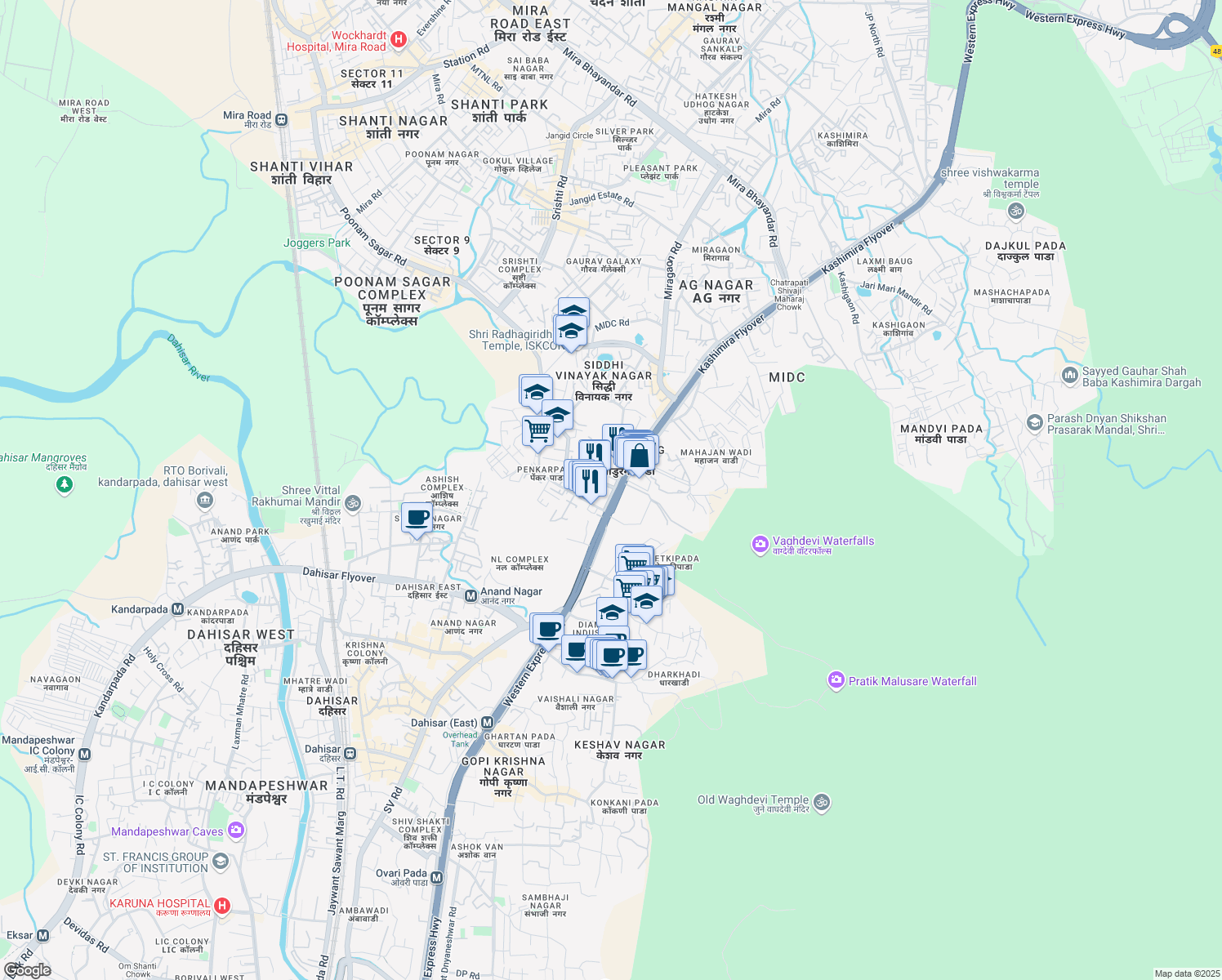 map of restaurants, bars, coffee shops, grocery stores, and more near On Western Express Highway in Mira Bhayandar