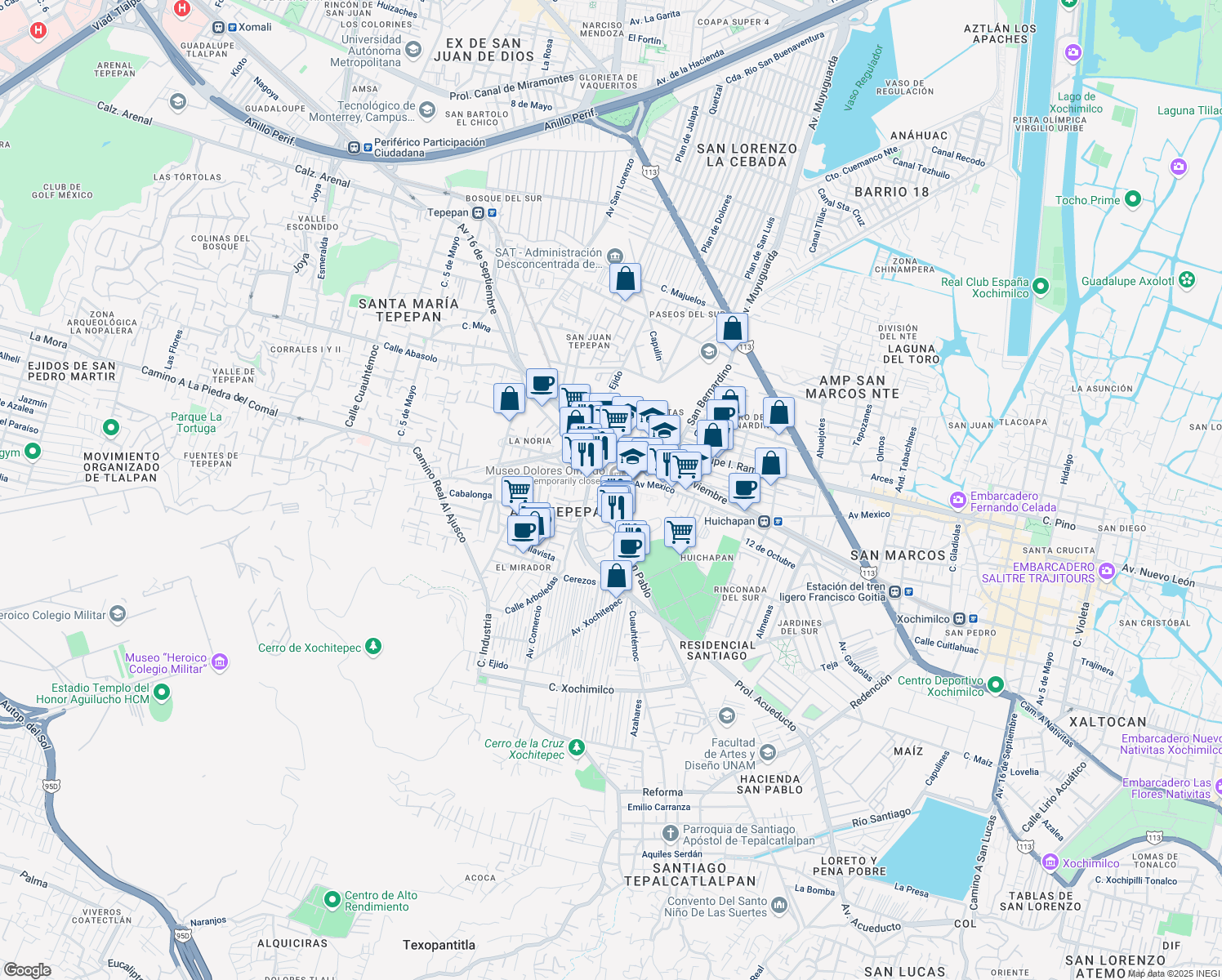 map of restaurants, bars, coffee shops, grocery stores, and more near 35 Antiguo Camino a Xochimilco in Mexico City