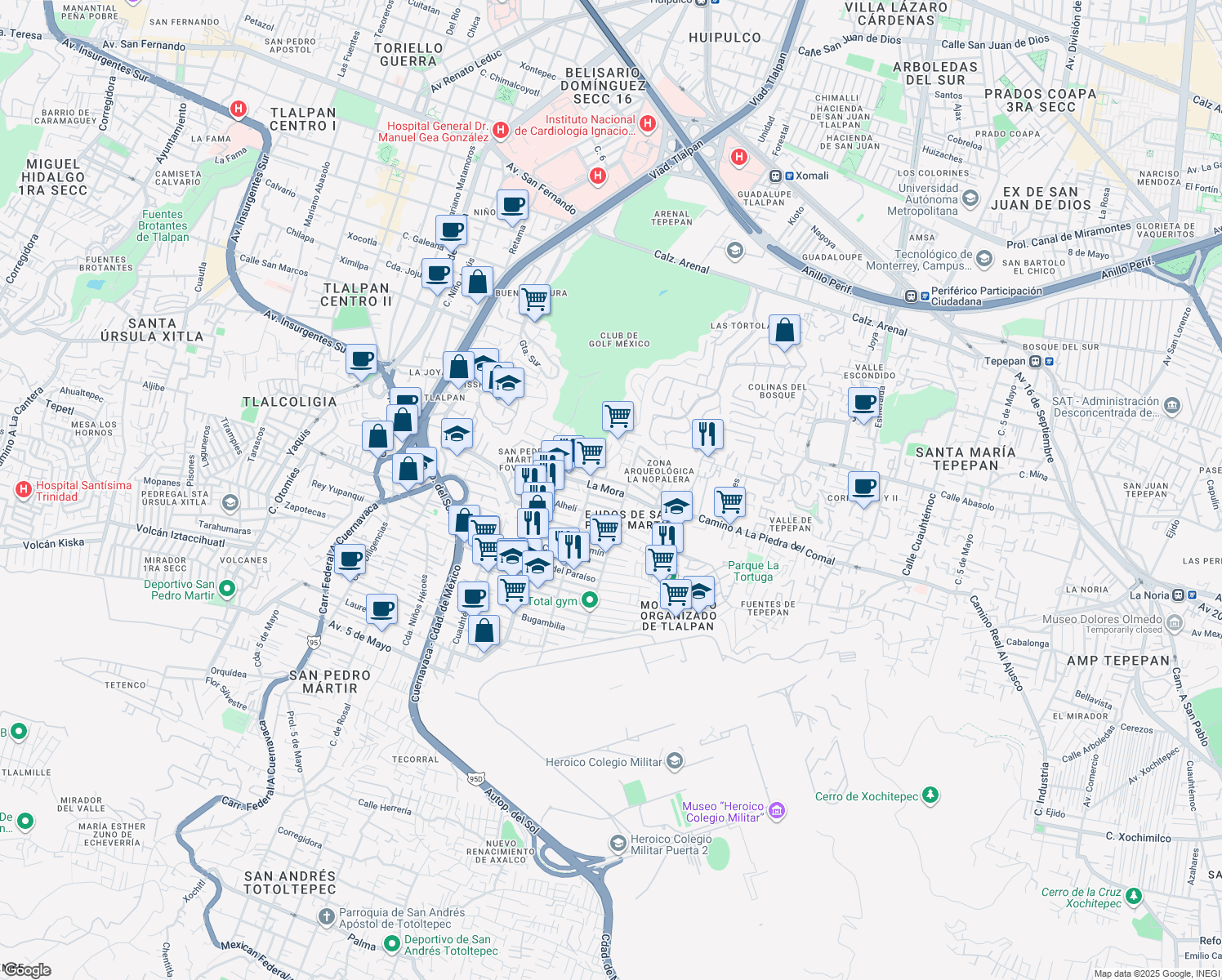 map of restaurants, bars, coffee shops, grocery stores, and more near 61 La Mora in Ciudad de México