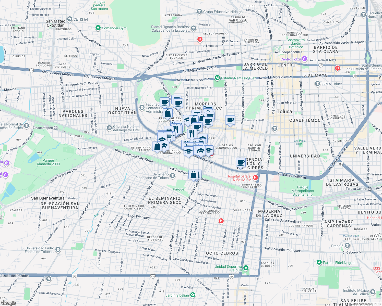 map of restaurants, bars, coffee shops, grocery stores, and more near 818 Avenida Paseo Tollocan in Toluca de Lerdo