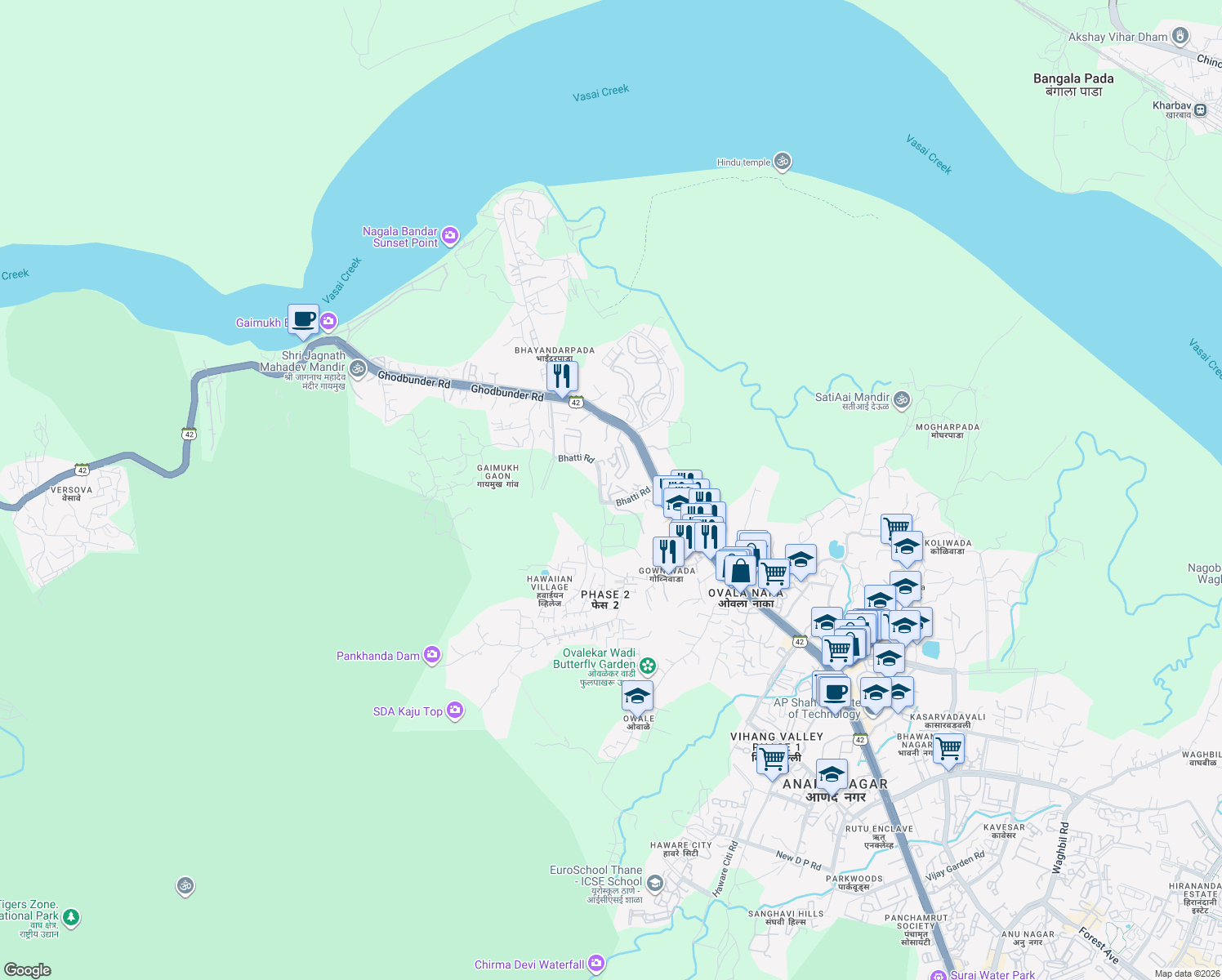 map of restaurants, bars, coffee shops, grocery stores, and more near Ghodbunder Road in Thane