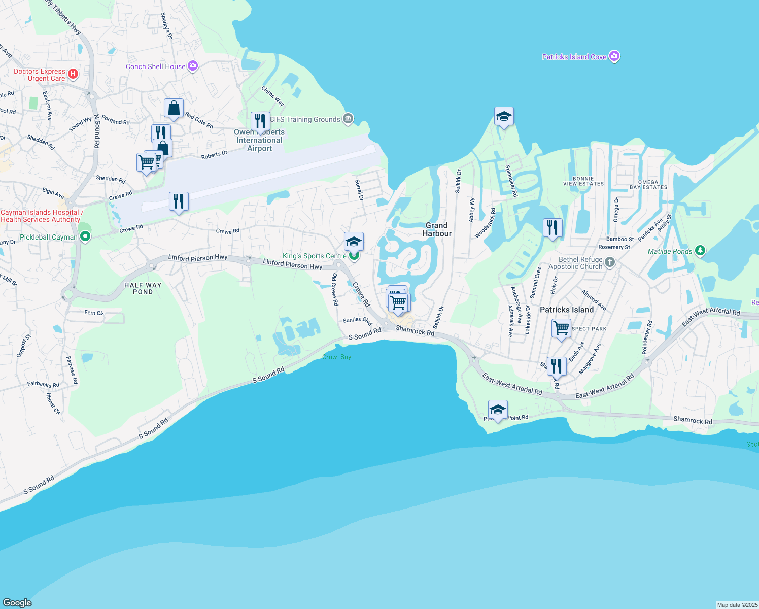map of restaurants, bars, coffee shops, grocery stores, and more near Edgewater Way in George Town
