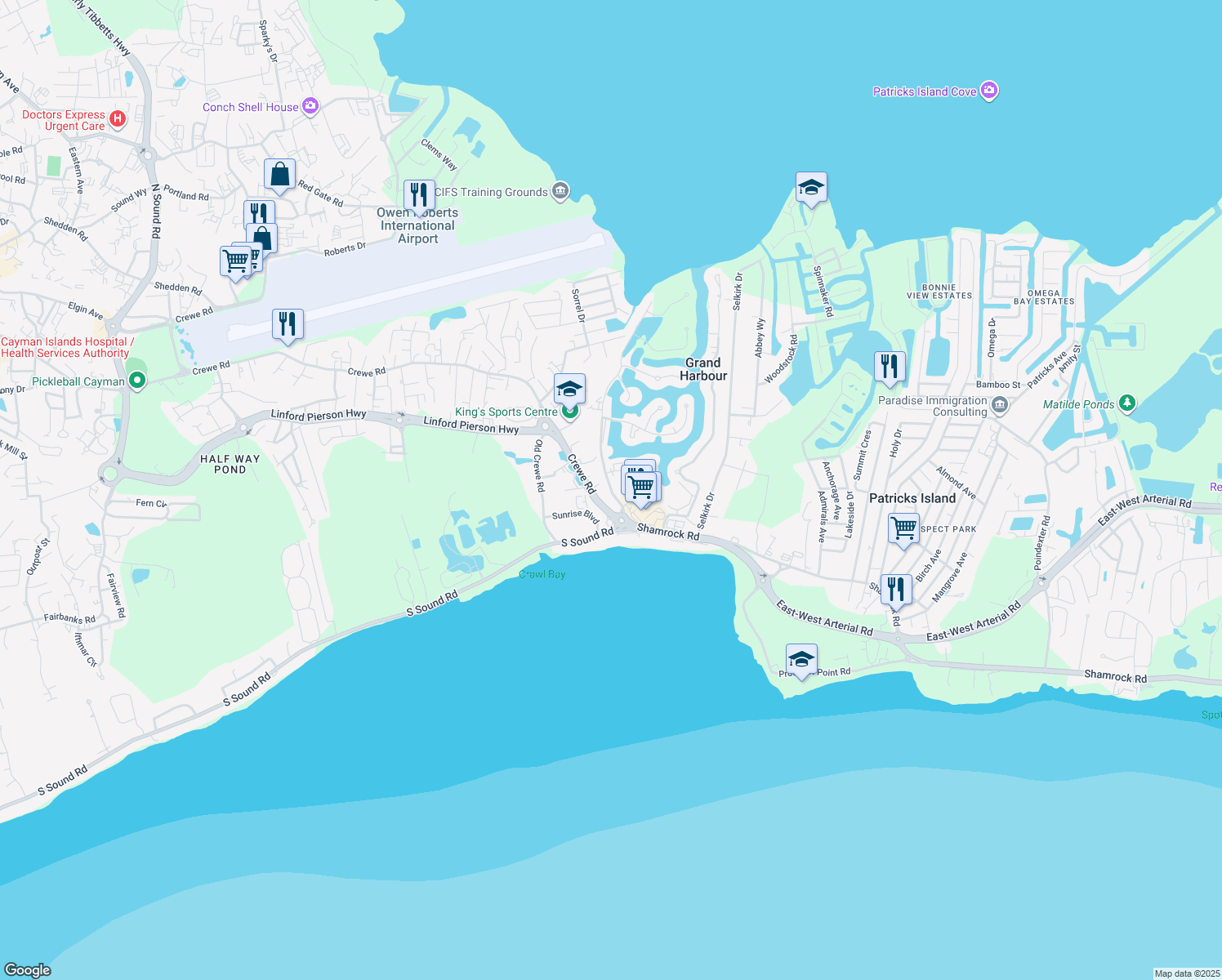 map of restaurants, bars, coffee shops, grocery stores, and more near Edgewater Way in George Town