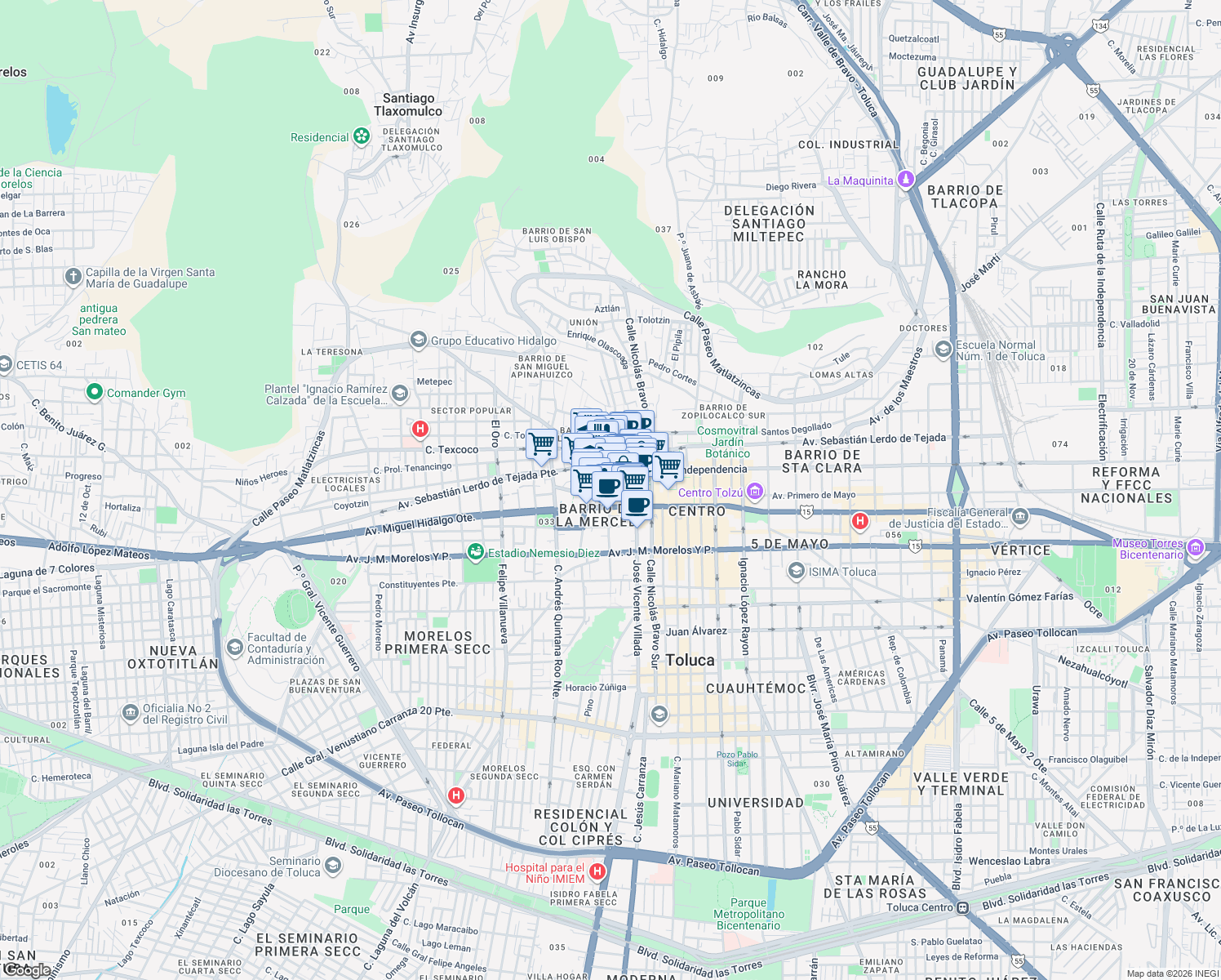 map of restaurants, bars, coffee shops, grocery stores, and more near 8 Pedro Ascencio in Toluca de Lerdo