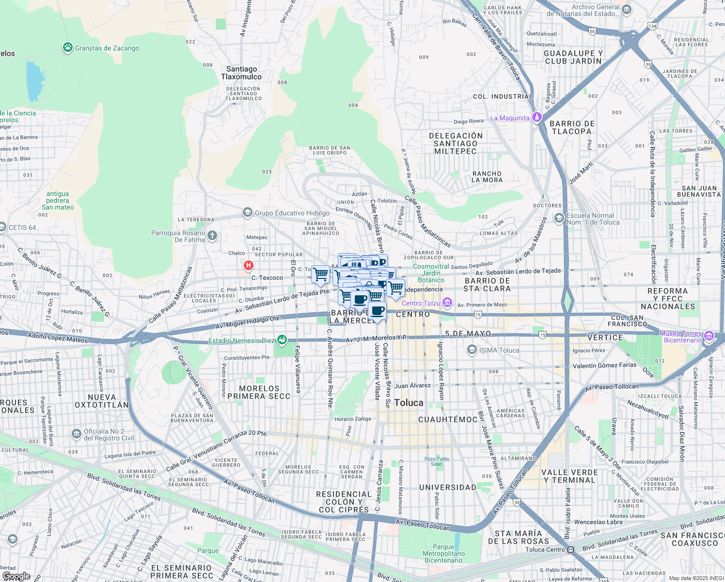 map of restaurants, bars, coffee shops, grocery stores, and more near 8 Pedro Ascencio in Toluca de Lerdo