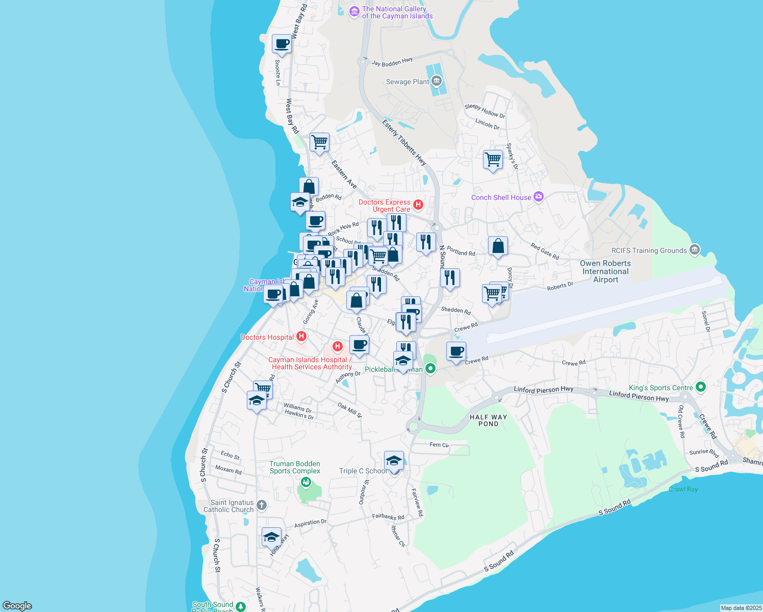 map of restaurants, bars, coffee shops, grocery stores, and more near 171 Elgin Avenue in George Town