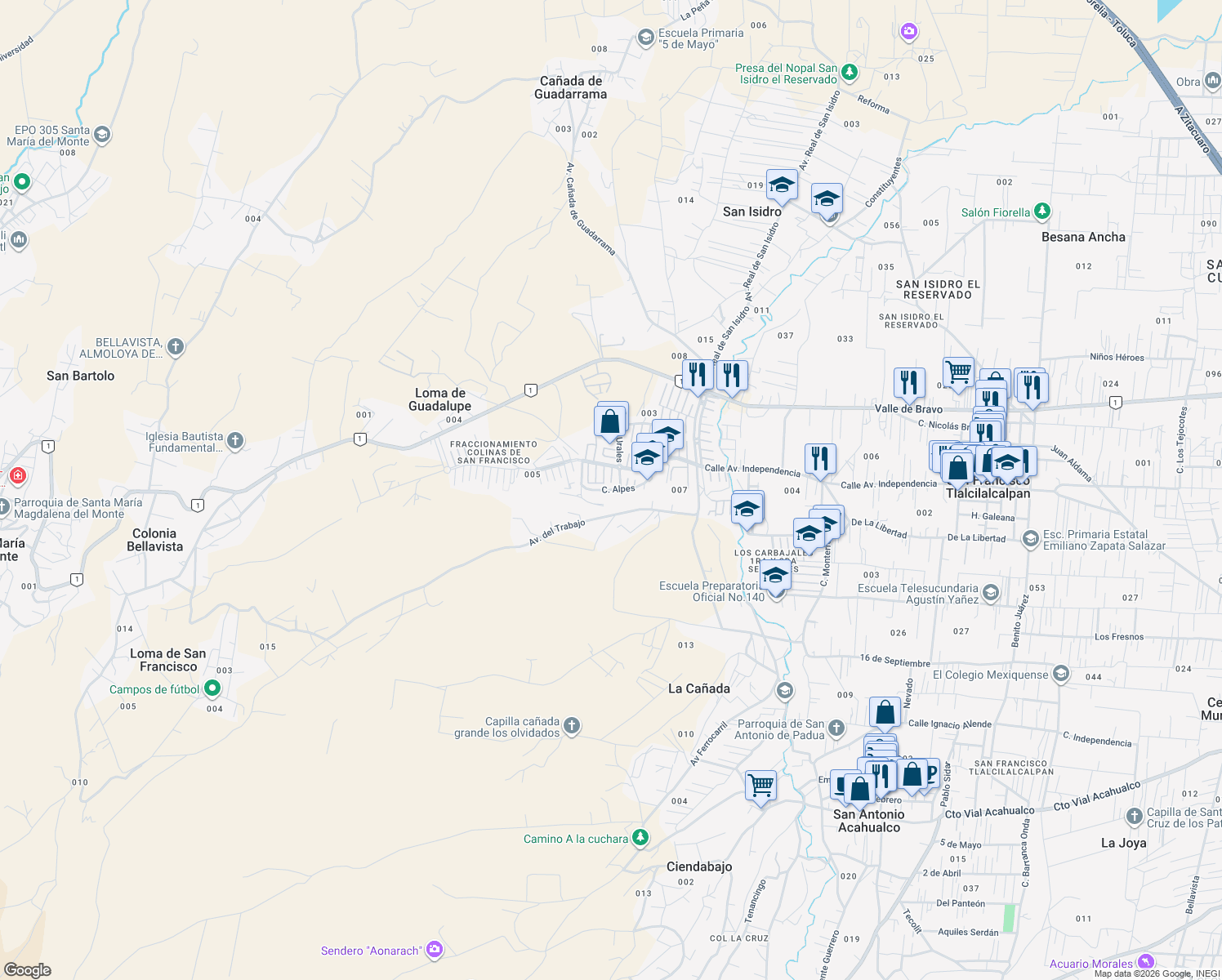 map of restaurants, bars, coffee shops, grocery stores, and more near 926 Calle Alpes in San Francisco Tlalcilalcalpan