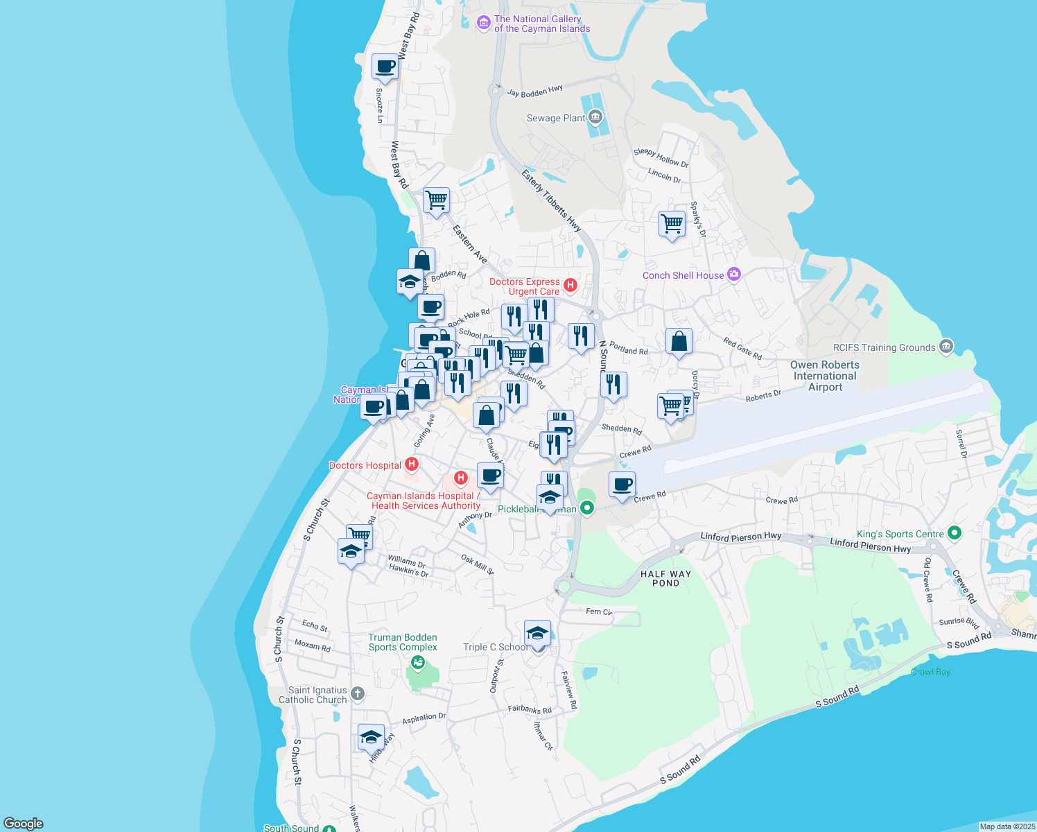 map of restaurants, bars, coffee shops, grocery stores, and more near 171 Elgin Avenue in George Town