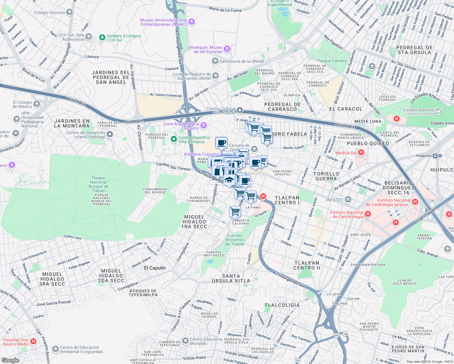 map of restaurants, bars, coffee shops, grocery stores, and more near 3720 Avenida de los Insurgentes Sur in Ciudad de México
