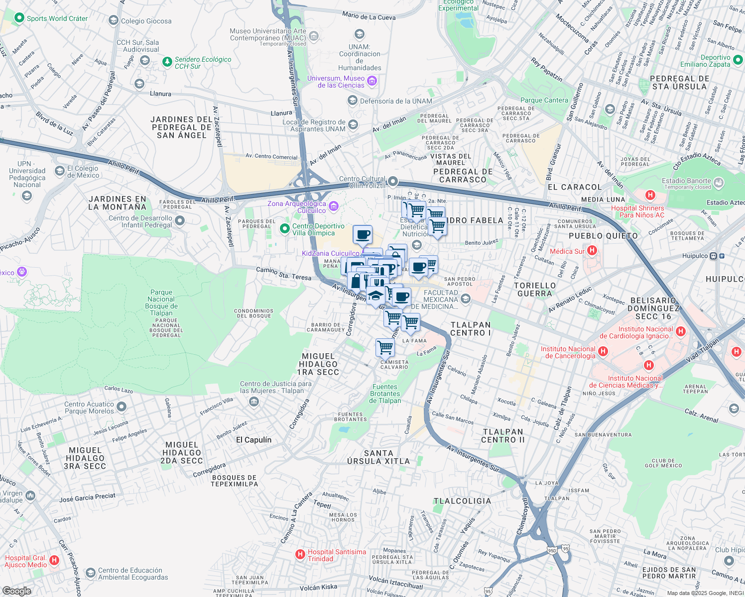 map of restaurants, bars, coffee shops, grocery stores, and more near 3720 Avenida de los Insurgentes Sur in Ciudad de México