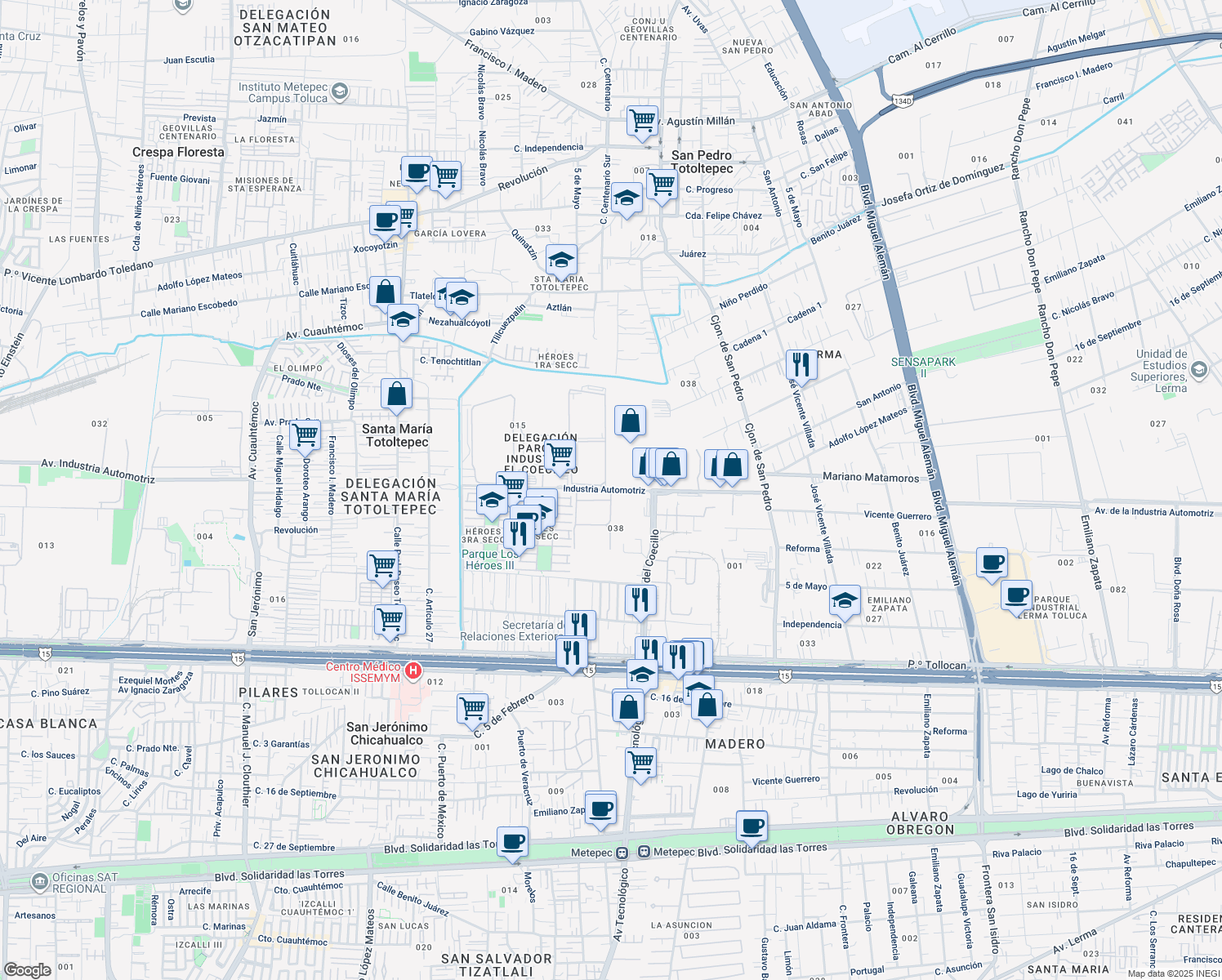 map of restaurants, bars, coffee shops, grocery stores, and more near Industria Automotriz in Toluca de Lerdo