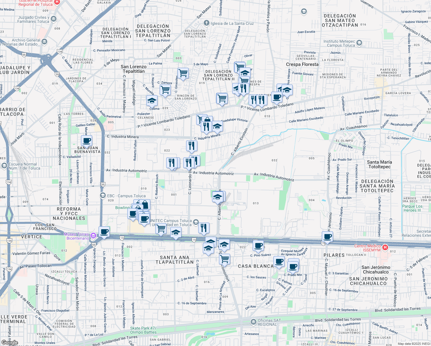 map of restaurants, bars, coffee shops, grocery stores, and more near Industria Automotriz in Toluca de Lerdo
