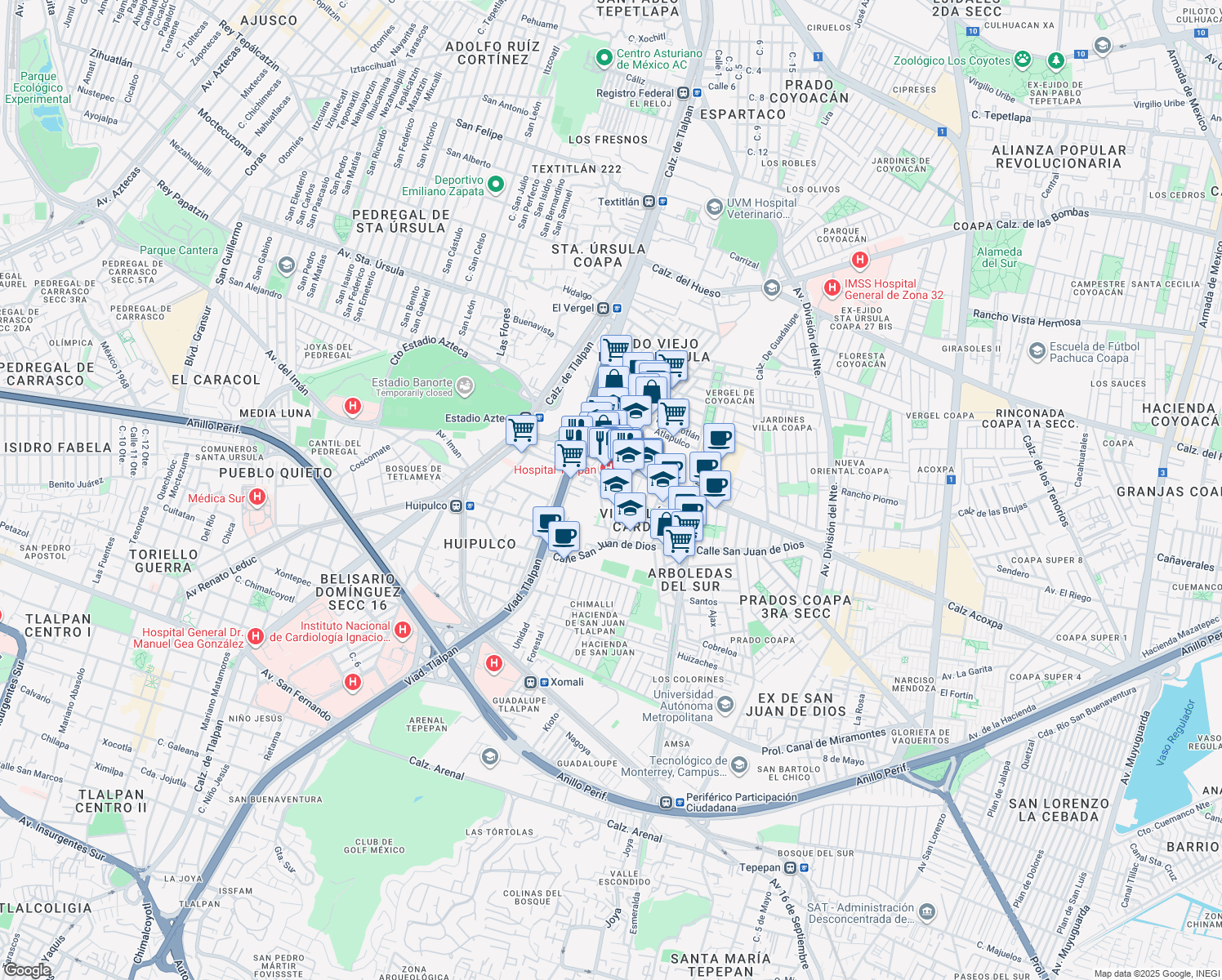 map of restaurants, bars, coffee shops, grocery stores, and more near 3 Calzada Acoxpa in Ciudad de México