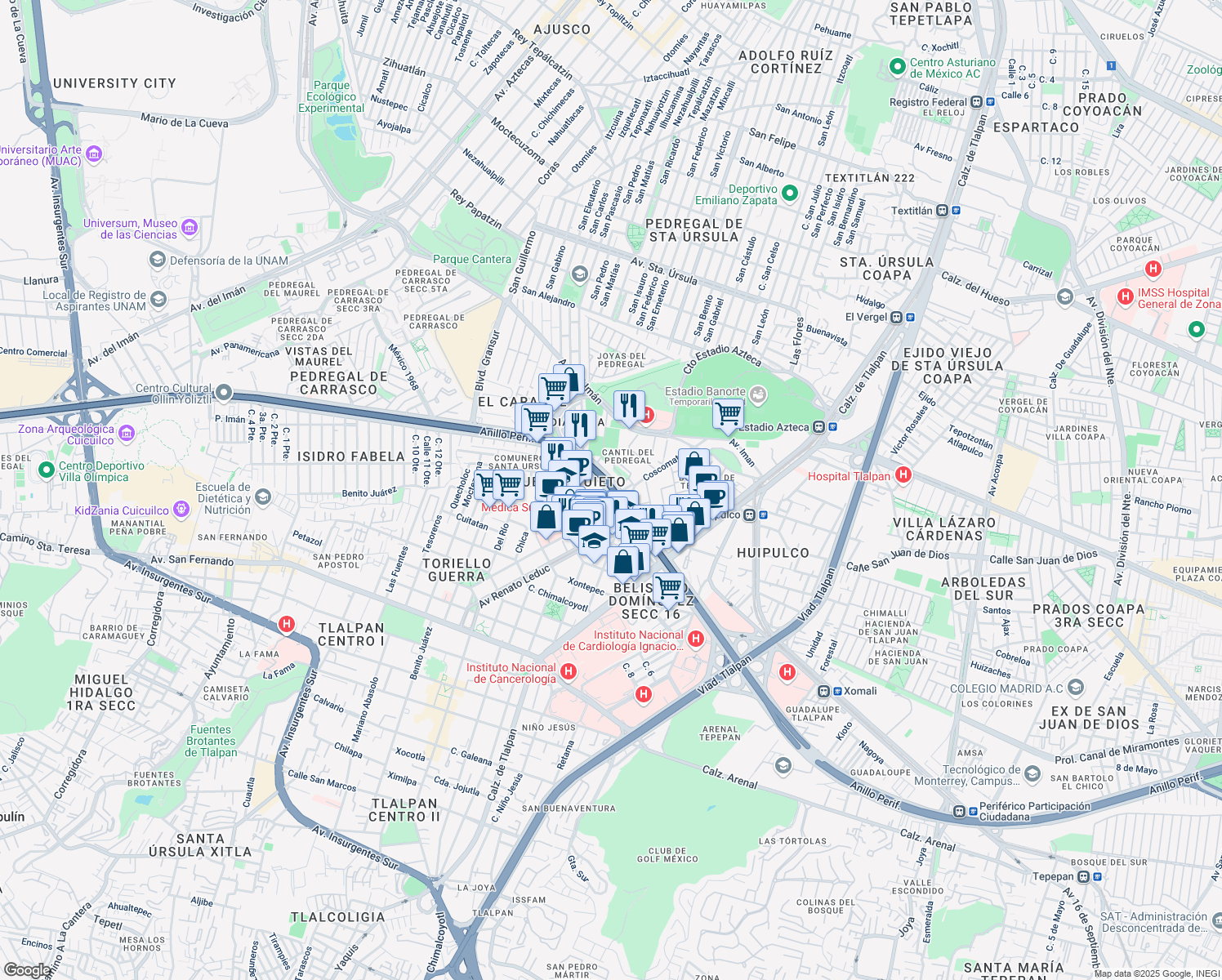 map of restaurants, bars, coffee shops, grocery stores, and more near Anillo Periférico (Blvd. Adolfo López Mateos) in Mexico City