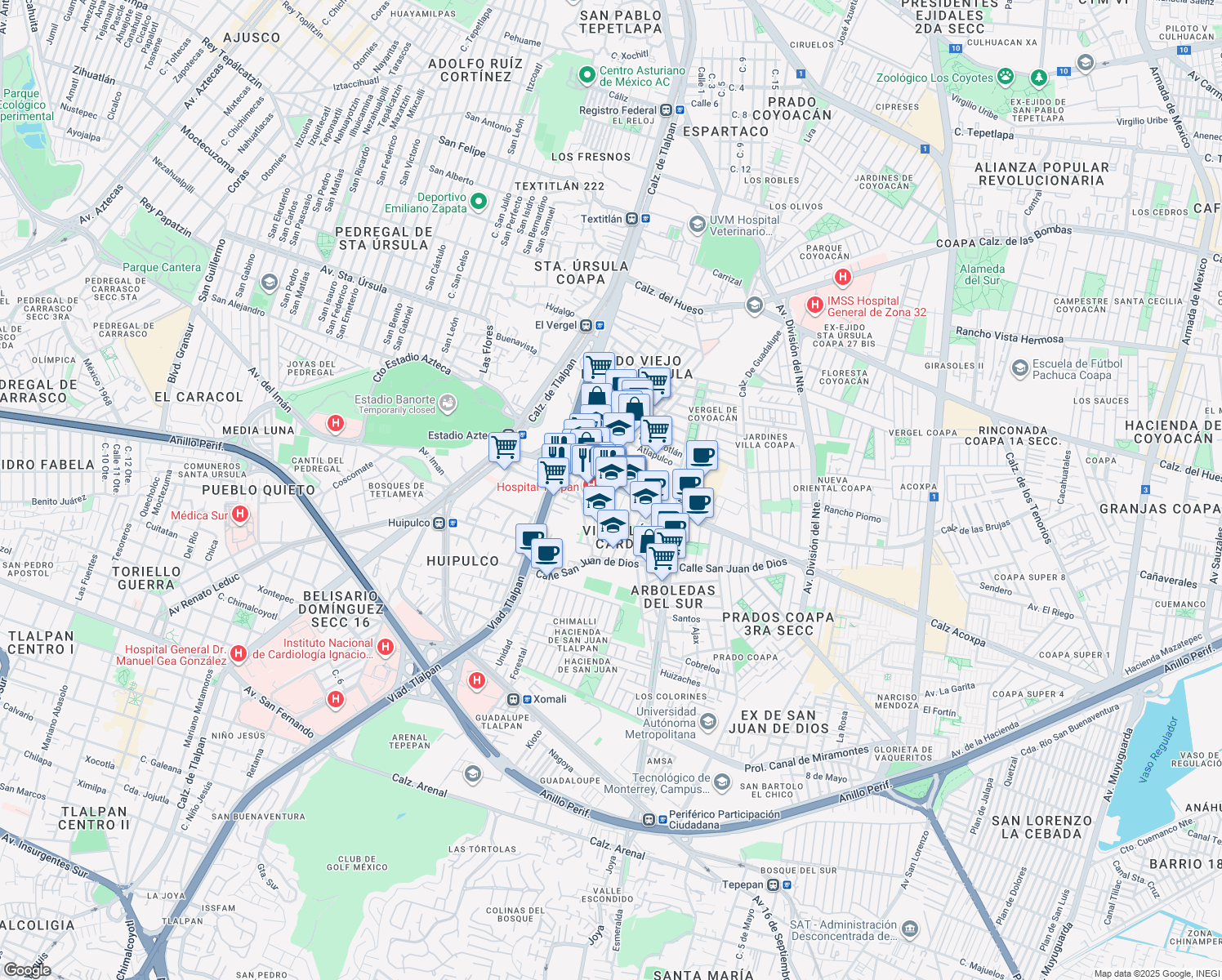 map of restaurants, bars, coffee shops, grocery stores, and more near 3 Calzada Acoxpa in Ciudad de México