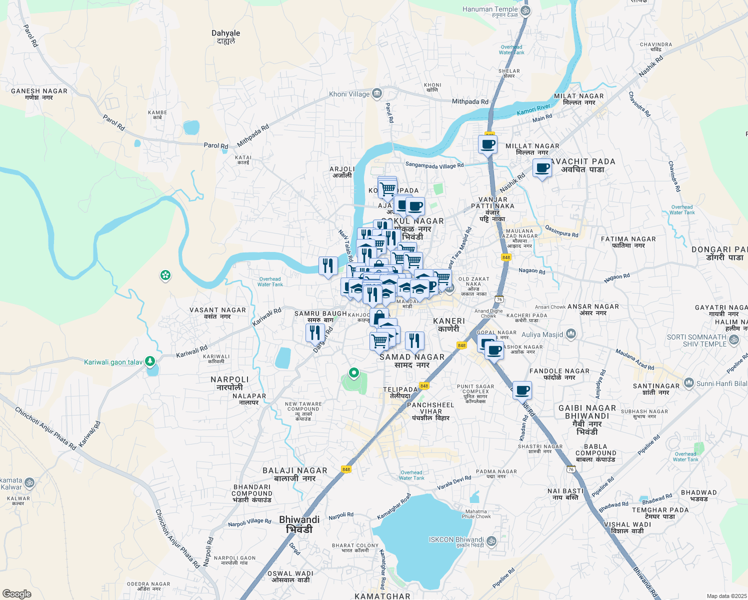 map of restaurants, bars, coffee shops, grocery stores, and more near  in Bhiwandi