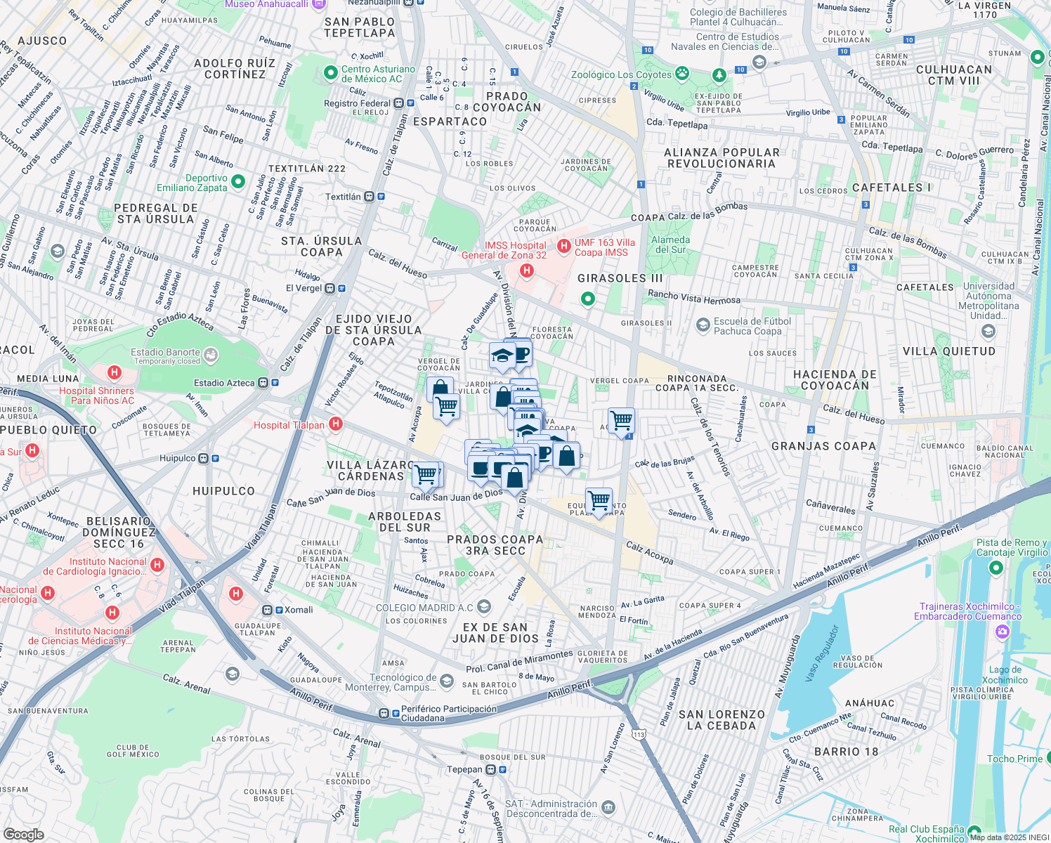 map of restaurants, bars, coffee shops, grocery stores, and more near 4293 Avenida División del Norte in Mexico City