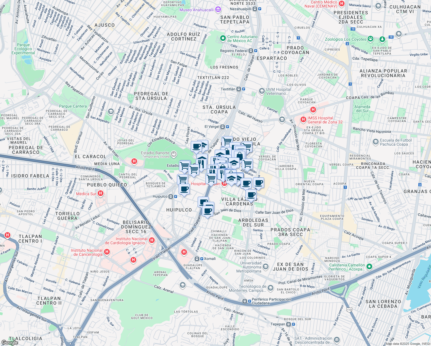 map of restaurants, bars, coffee shops, grocery stores, and more near 3222 Viaducto Tlalpan in Ciudad de México