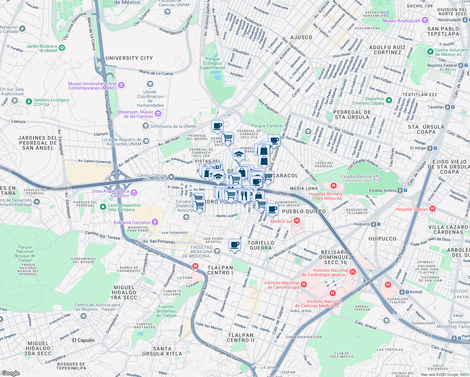 map of restaurants, bars, coffee shops, grocery stores, and more near Anillo Periférico (Blvd. Adolfo López Mateos) in Ciudad de México