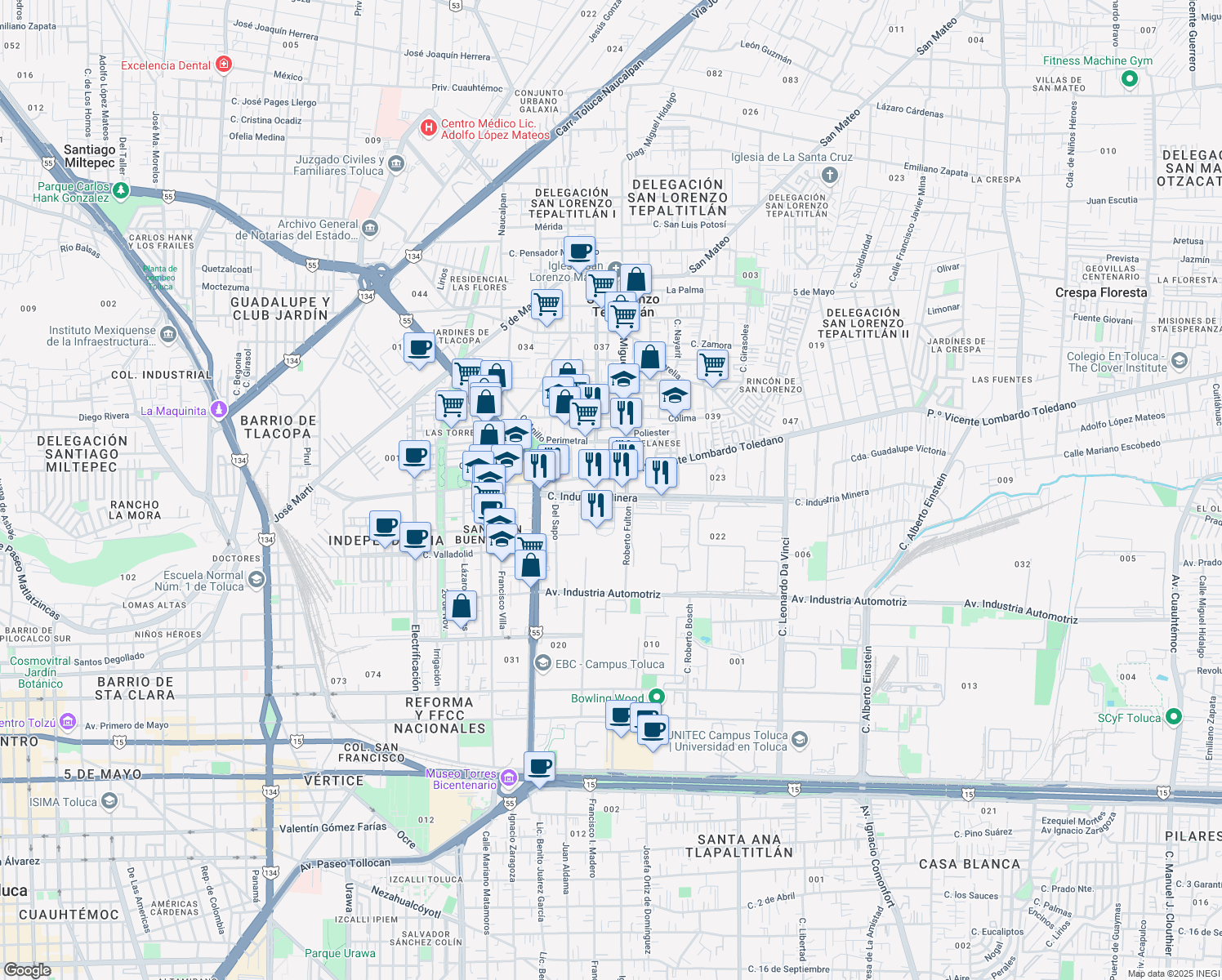 map of restaurants, bars, coffee shops, grocery stores, and more near 509 Calle Industria Minera in Toluca de Lerdo