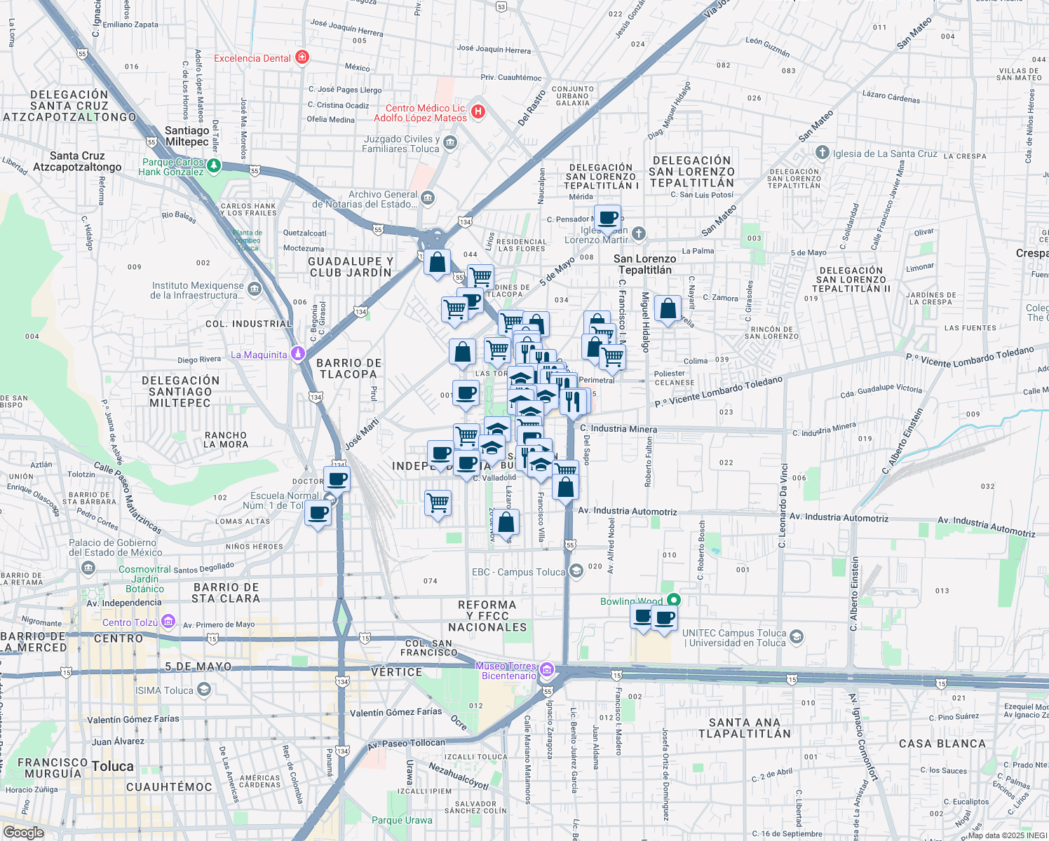 map of restaurants, bars, coffee shops, grocery stores, and more near 509 Calle Industria Minera in Toluca de Lerdo