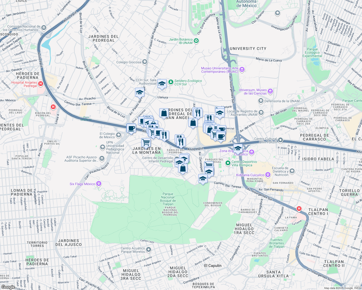 map of restaurants, bars, coffee shops, grocery stores, and more near 4690 Anillo Periférico in Ciudad de México