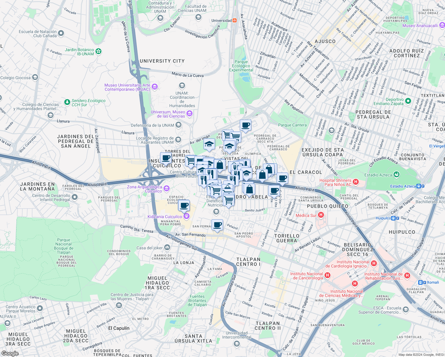 map of restaurants, bars, coffee shops, grocery stores, and more near Anillo Periférico Boulevard Adolfo López Mateos in Ciudad de México