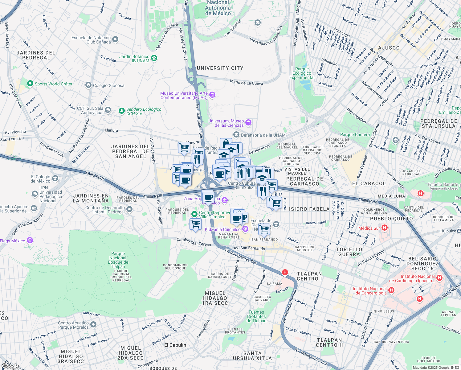 map of restaurants, bars, coffee shops, grocery stores, and more near Anillo Periférico Boulevard Adolfo López Mateos in Ciudad de México
