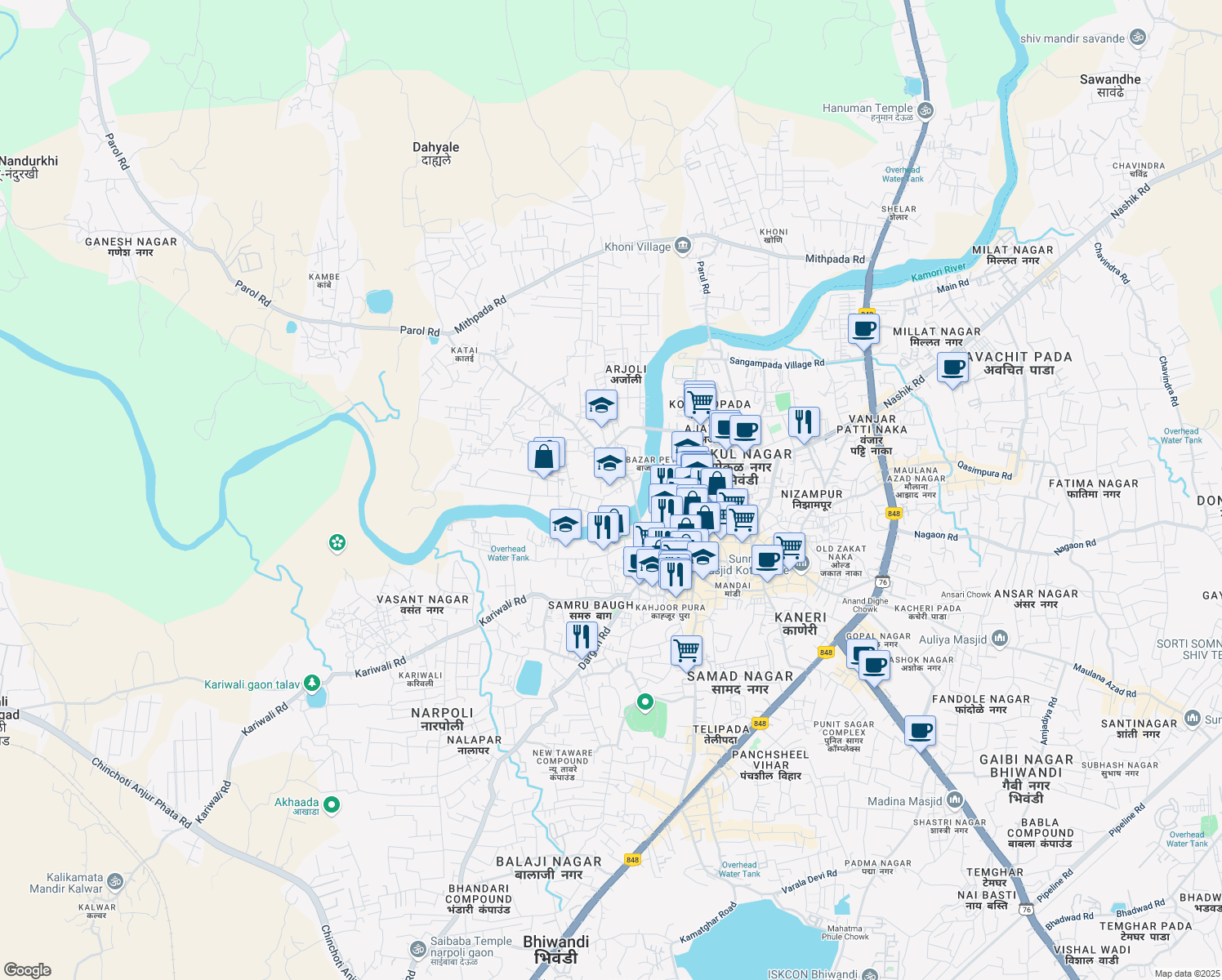 map of restaurants, bars, coffee shops, grocery stores, and more near Eidgah Road in Bhiwandi