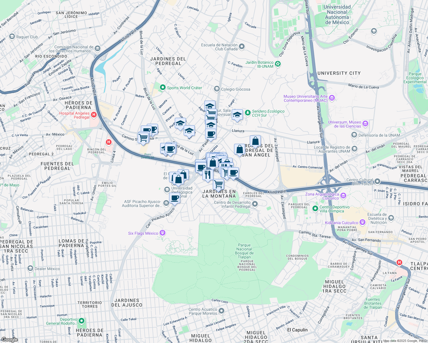 map of restaurants, bars, coffee shops, grocery stores, and more near 2165 Periferico Sur in Ciudad de México