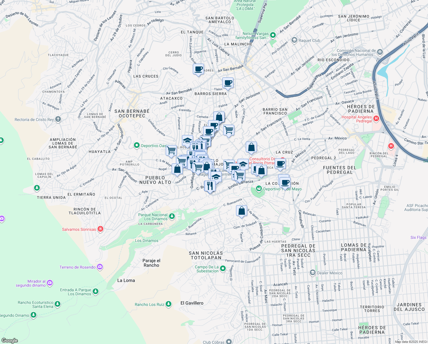 map of restaurants, bars, coffee shops, grocery stores, and more near Calle la Perita in Ciudad de México