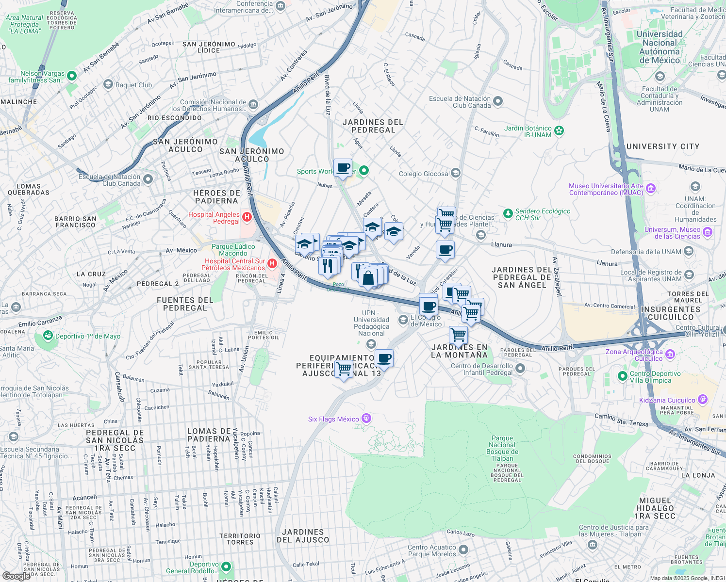 map of restaurants, bars, coffee shops, grocery stores, and more near 3332 Periferico Sur in Ciudad de México
