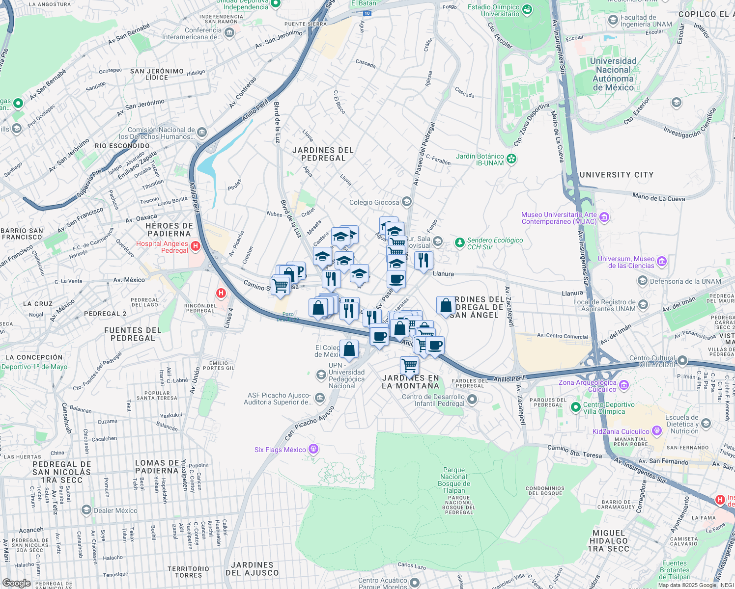 map of restaurants, bars, coffee shops, grocery stores, and more near Calle Camino Santa Teresa in Mexico City
