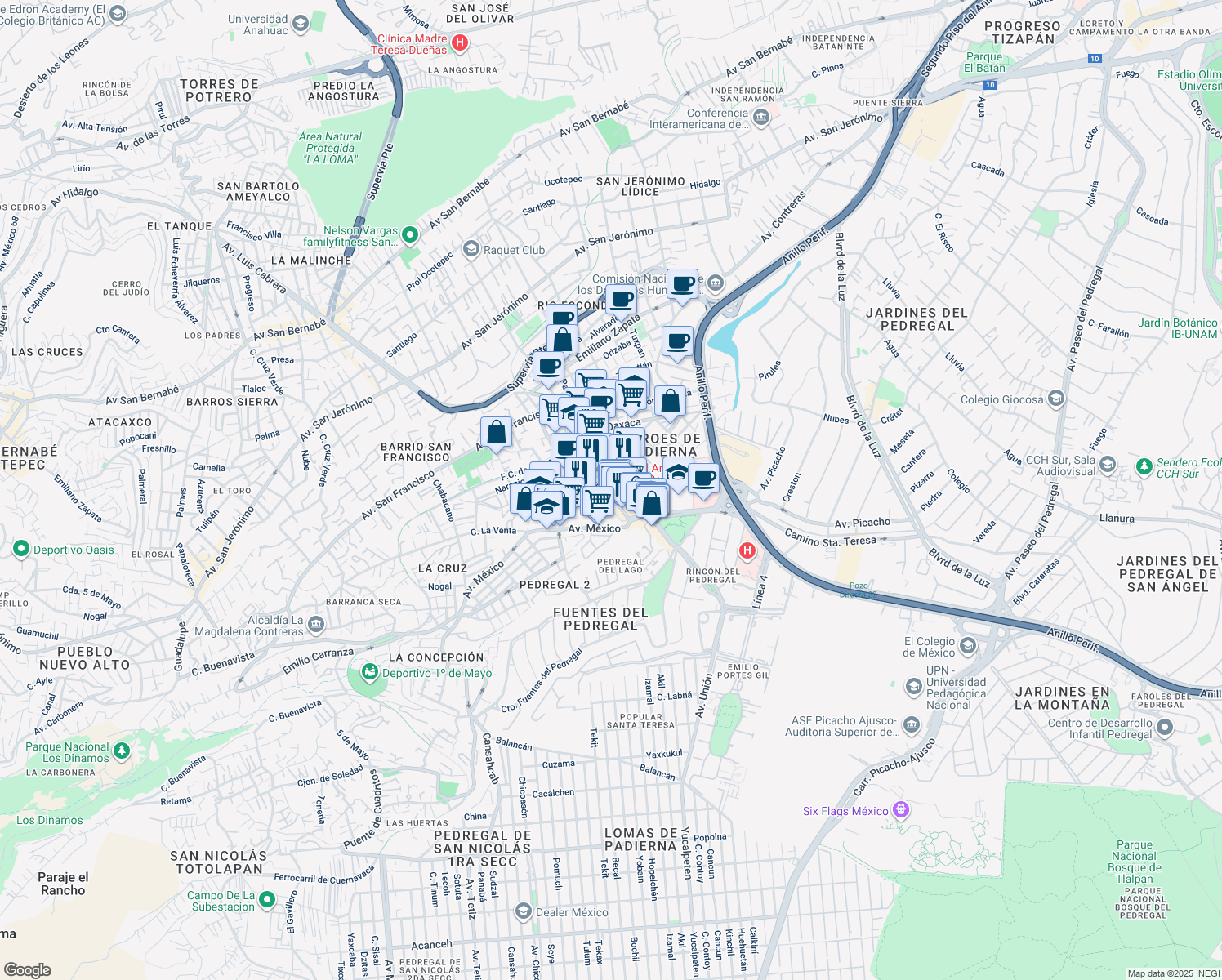 map of restaurants, bars, coffee shops, grocery stores, and more near Avenida México in Ciudad de México