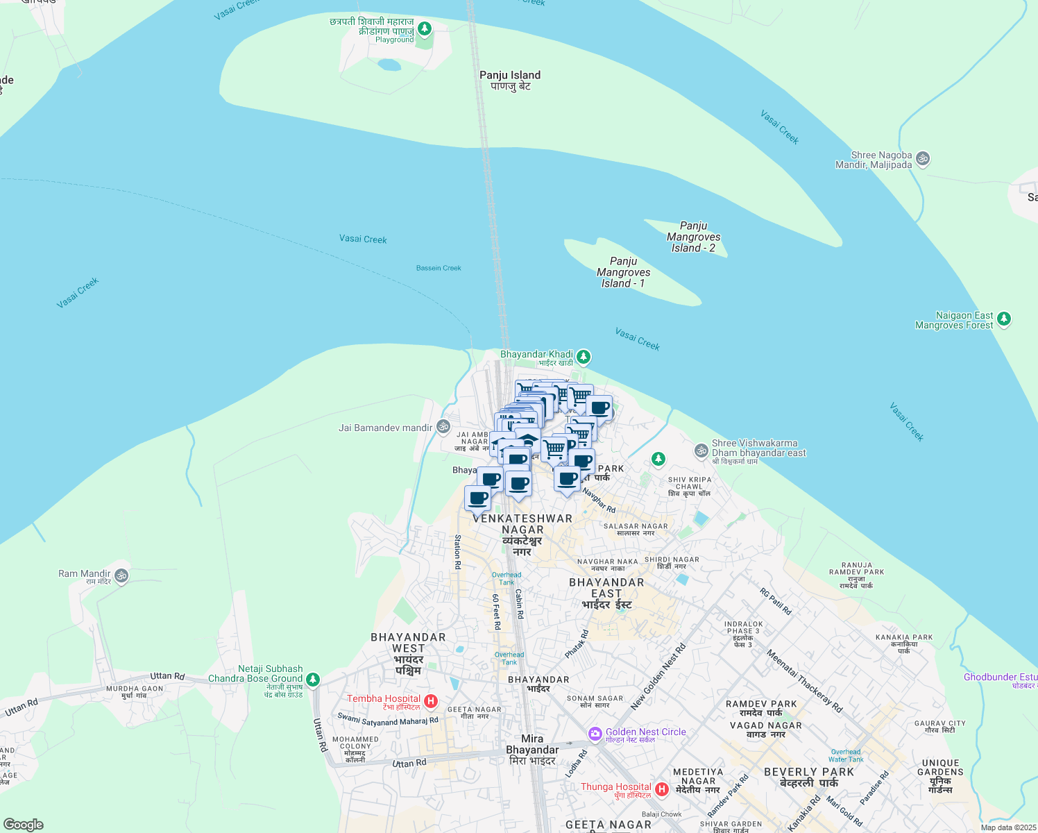 map of restaurants, bars, coffee shops, grocery stores, and more near Divine Heritage Jesal Park Rd in Mira Bhayandar