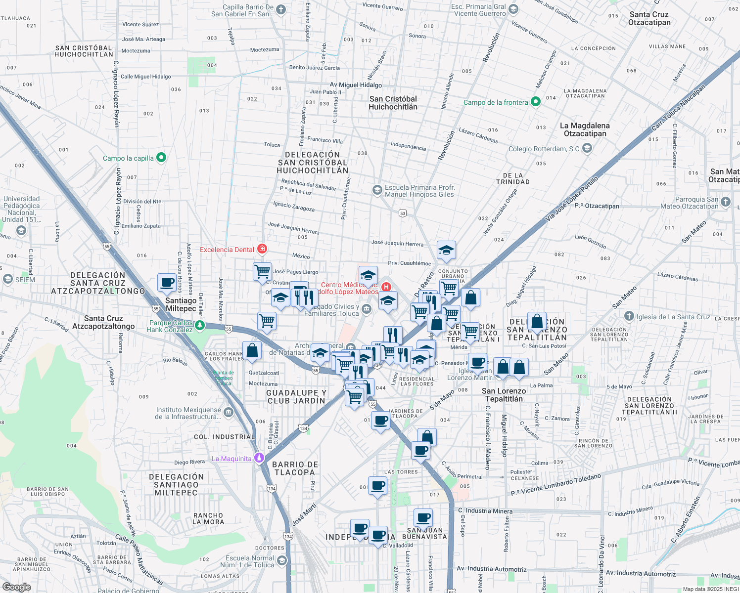 map of restaurants, bars, coffee shops, grocery stores, and more near 115 Calle Doctor Nicolás San Juan in Toluca de Lerdo
