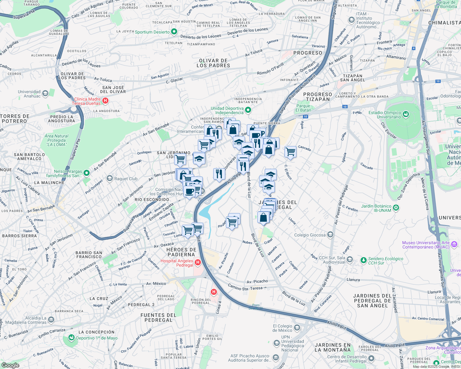 map of restaurants, bars, coffee shops, grocery stores, and more near 3332 Periferico Sur in Ciudad de México