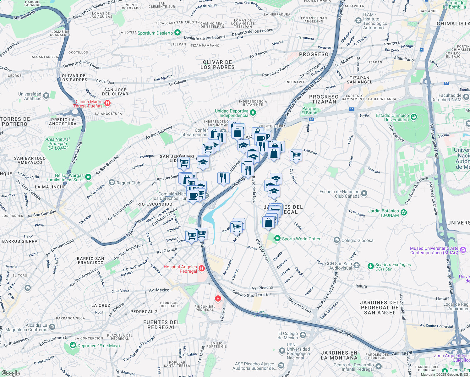 map of restaurants, bars, coffee shops, grocery stores, and more near 3332 Periferico Sur in Ciudad de México