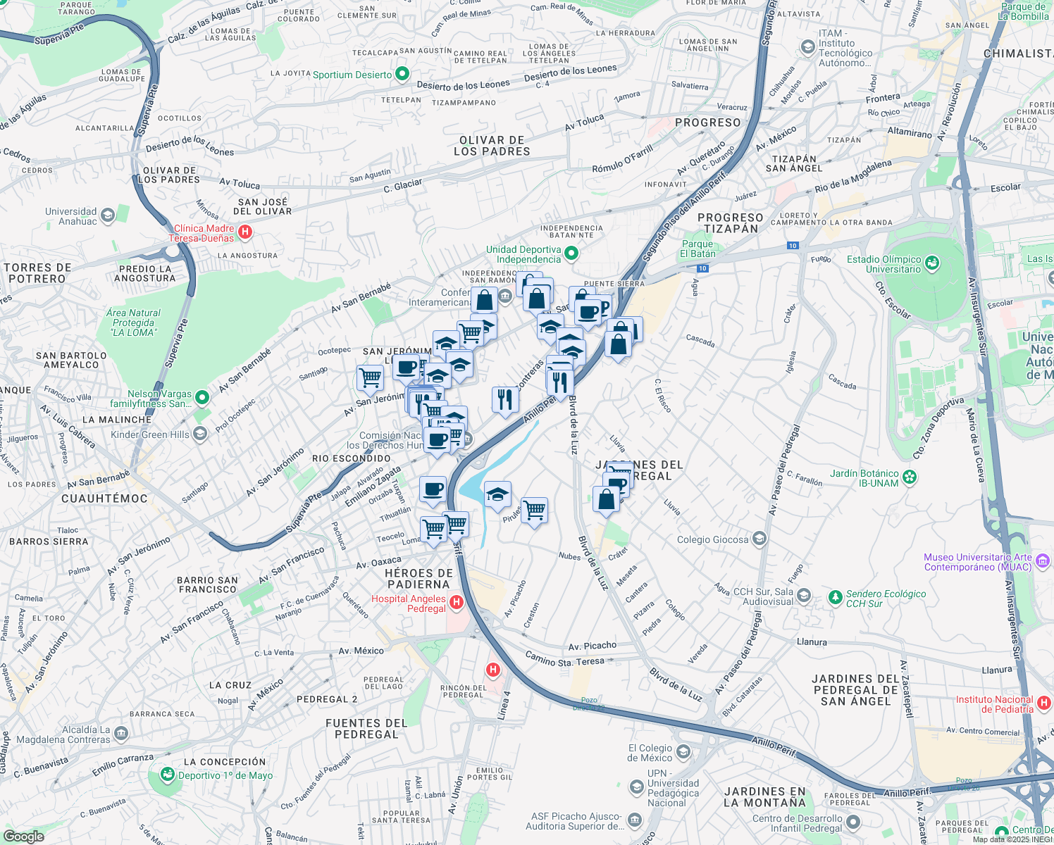 map of restaurants, bars, coffee shops, grocery stores, and more near Periferico Sur in Ciudad de México
