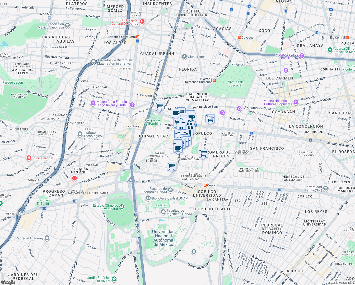 map of restaurants, bars, coffee shops, grocery stores, and more near 28 Oxtopulco in Ciudad de México