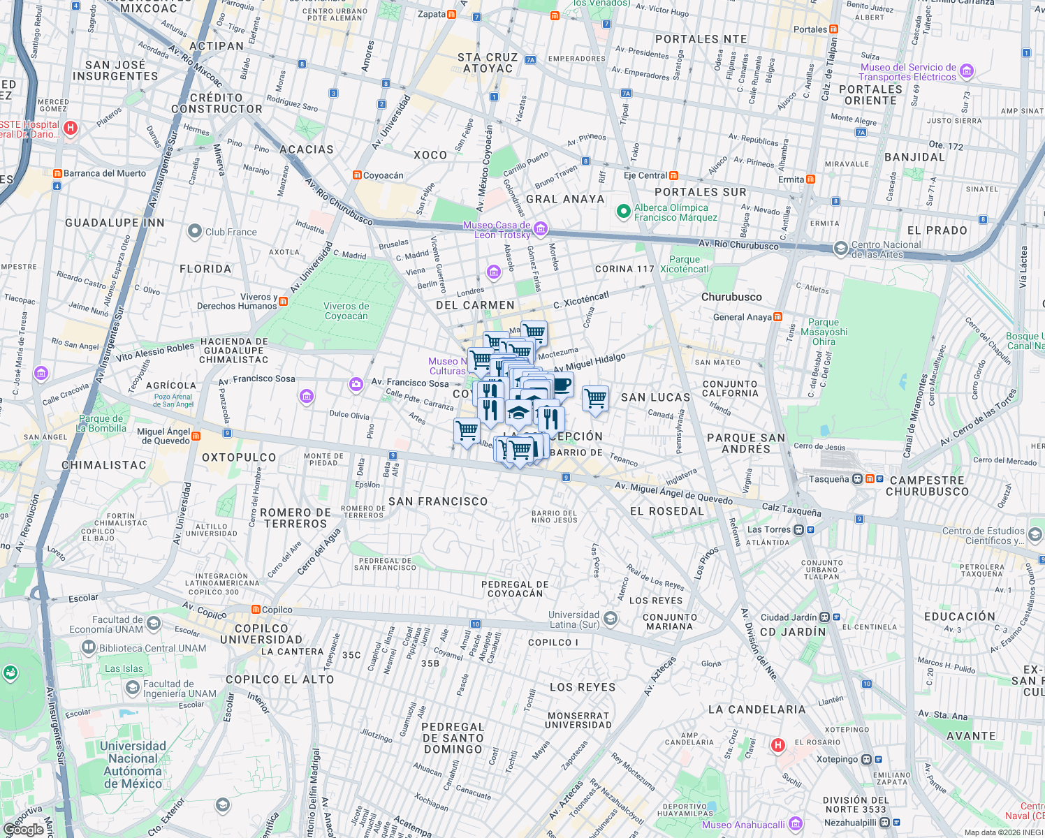 map of restaurants, bars, coffee shops, grocery stores, and more near 17 San Francisco Figuraco in Ciudad de México