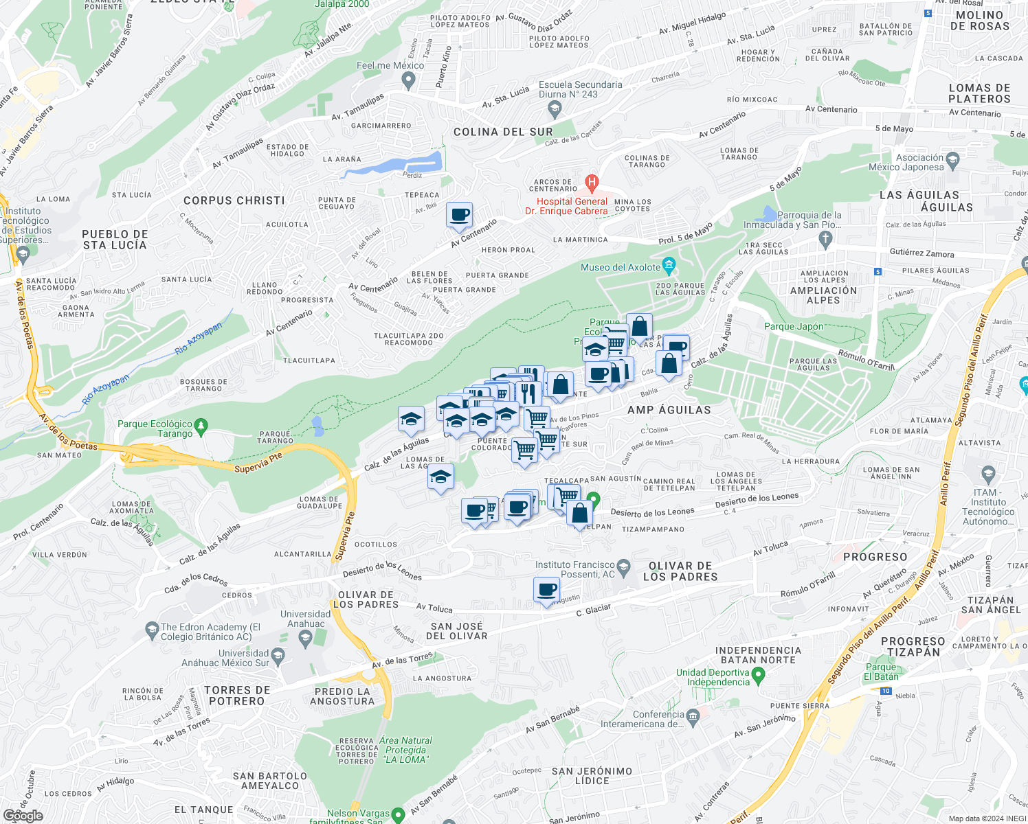 map of restaurants, bars, coffee shops, grocery stores, and more near Calzada de Las Aguilas in Ciudad de México