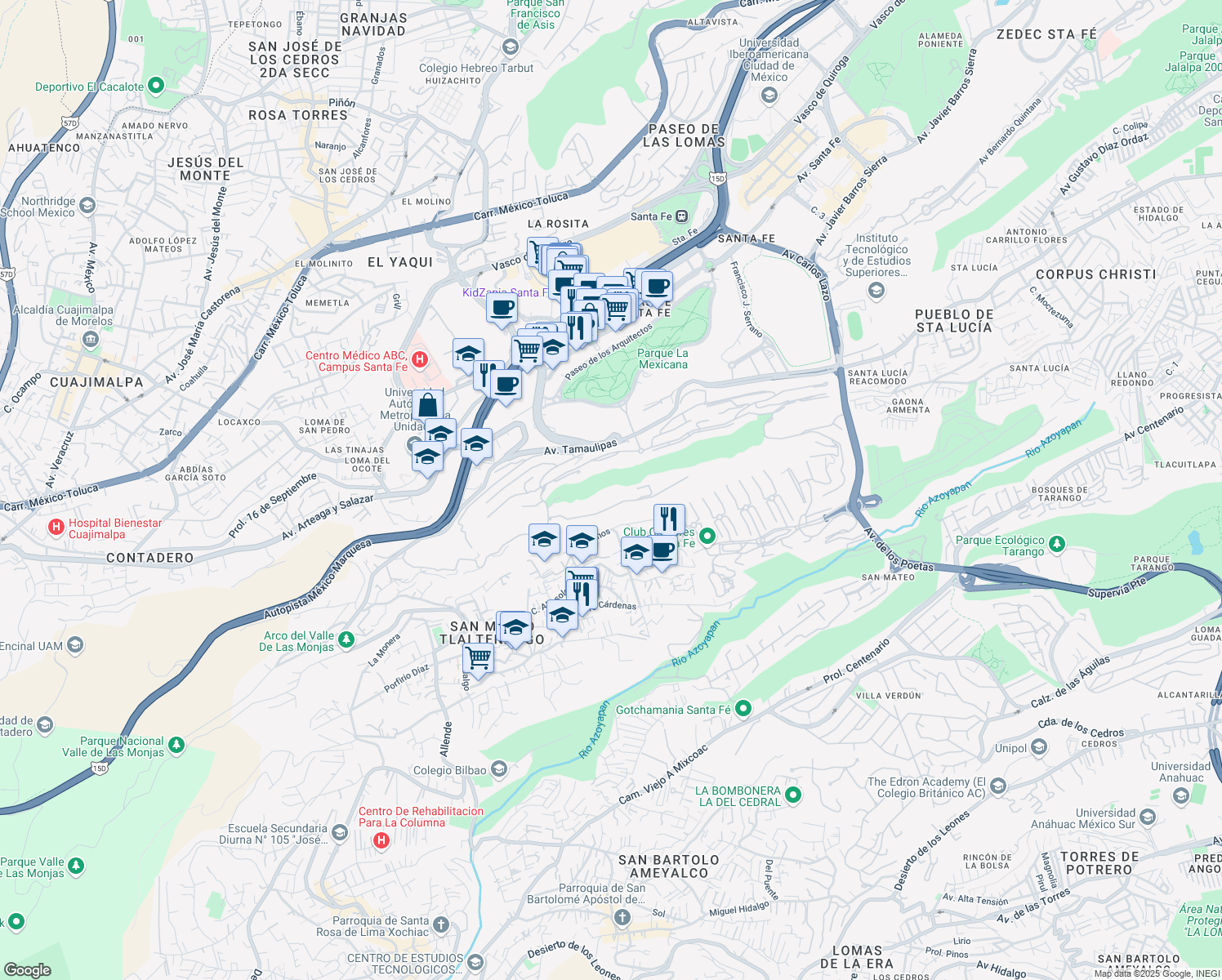 map of restaurants, bars, coffee shops, grocery stores, and more near Cañada los Helechos in Ciudad de México