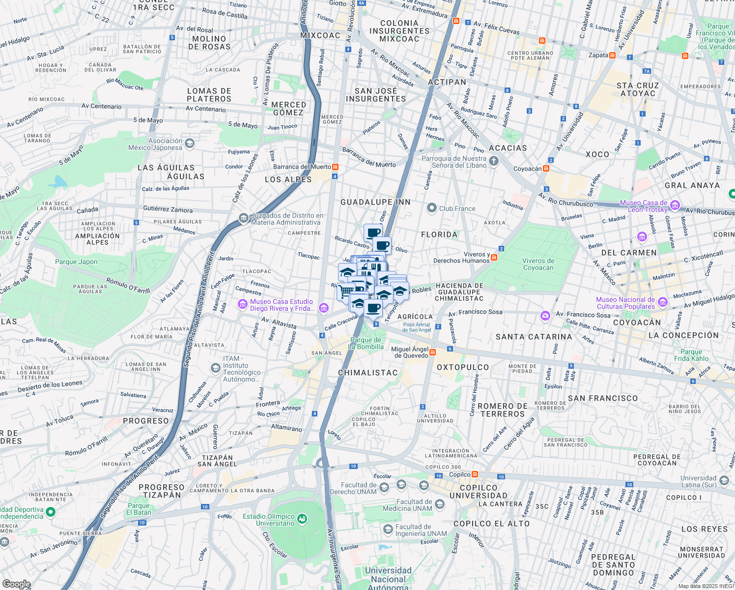 map of restaurants, bars, coffee shops, grocery stores, and more near 2475 Avenida de los Insurgentes Sur in Ciudad de México