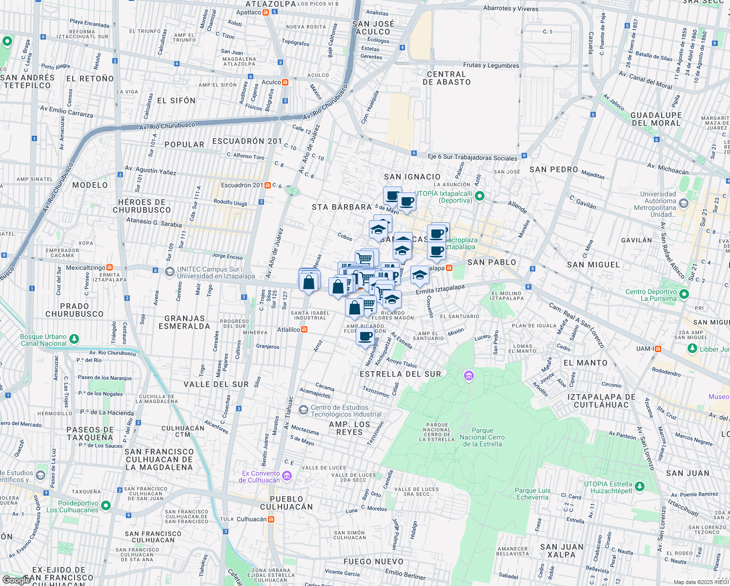 map of restaurants, bars, coffee shops, grocery stores, and more near 1722 Calzada Ermita Iztapalapa in Mexico City