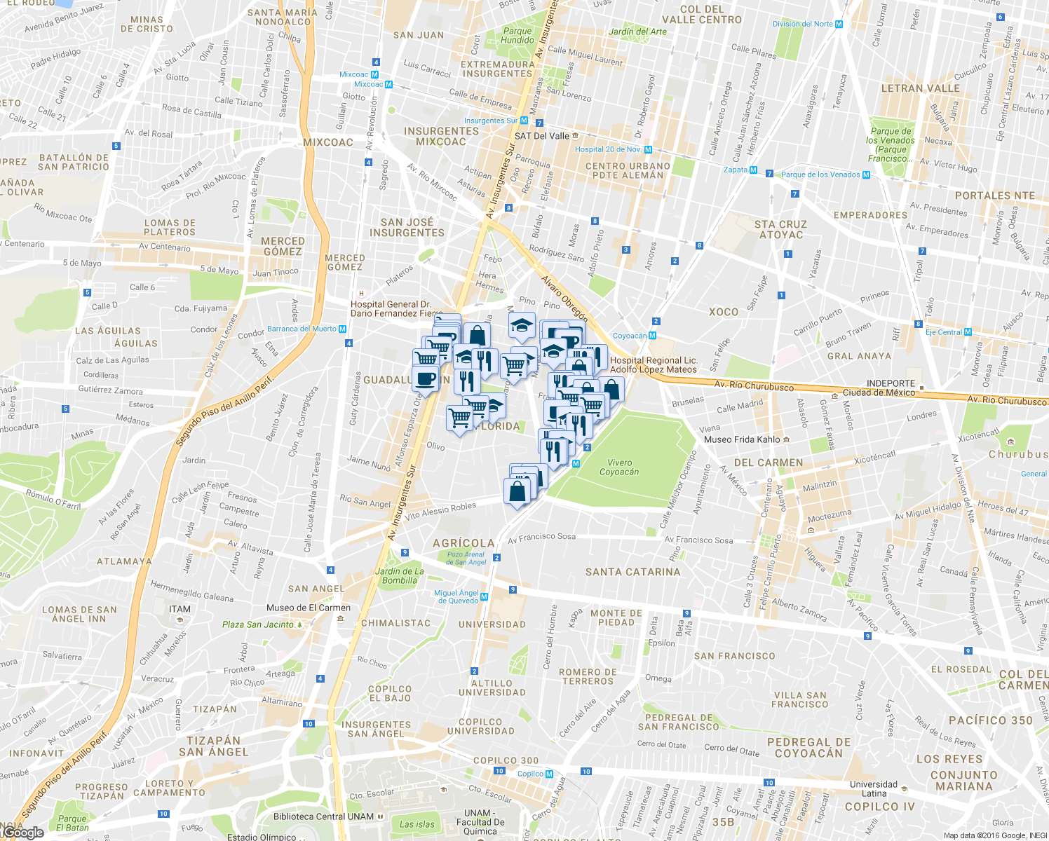 map of restaurants, bars, coffee shops, grocery stores, and more near 16 2a. Cerrada Minerva in Mexico City