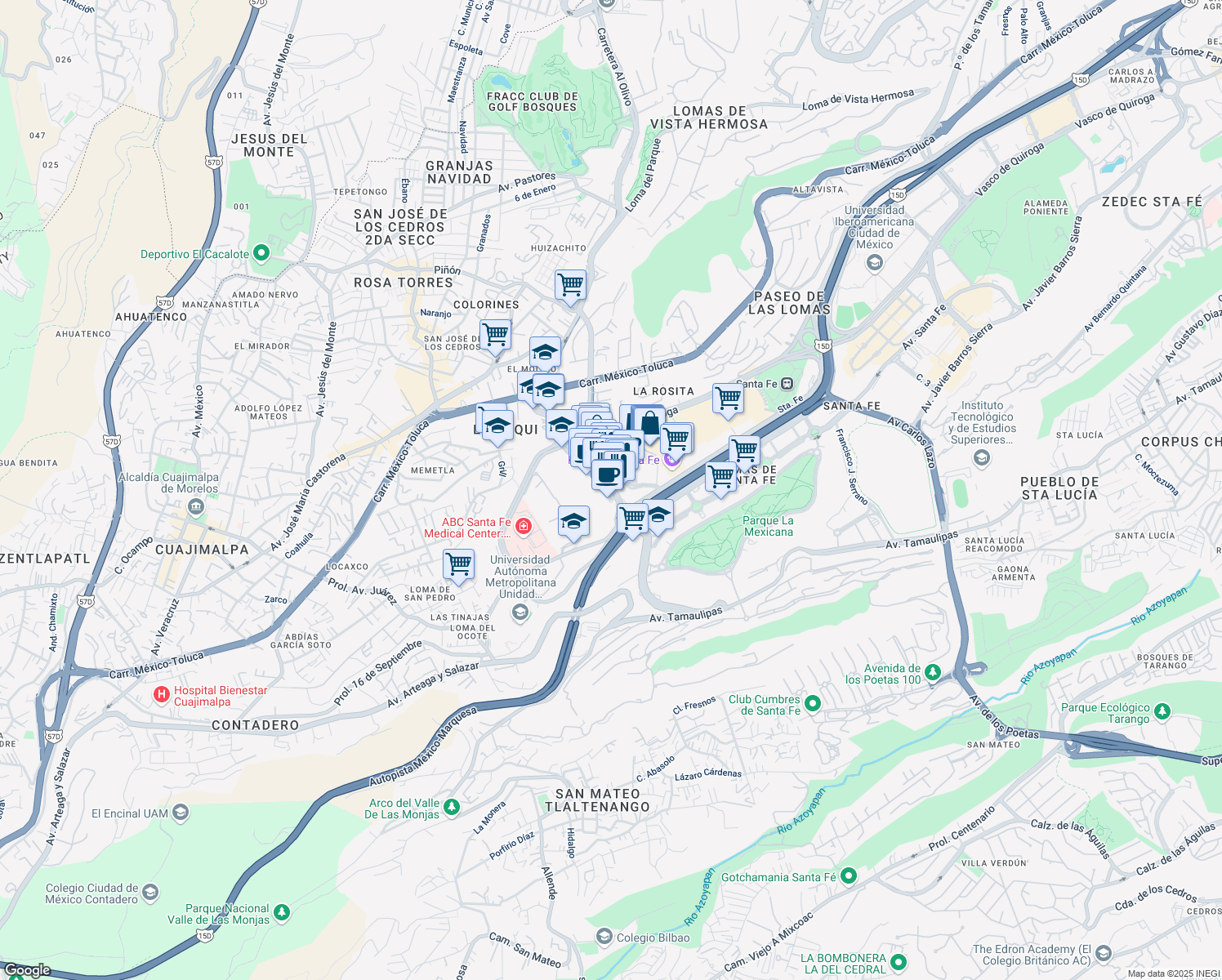 map of restaurants, bars, coffee shops, grocery stores, and more near 101 Juan Salvador Agraz in Mexico City